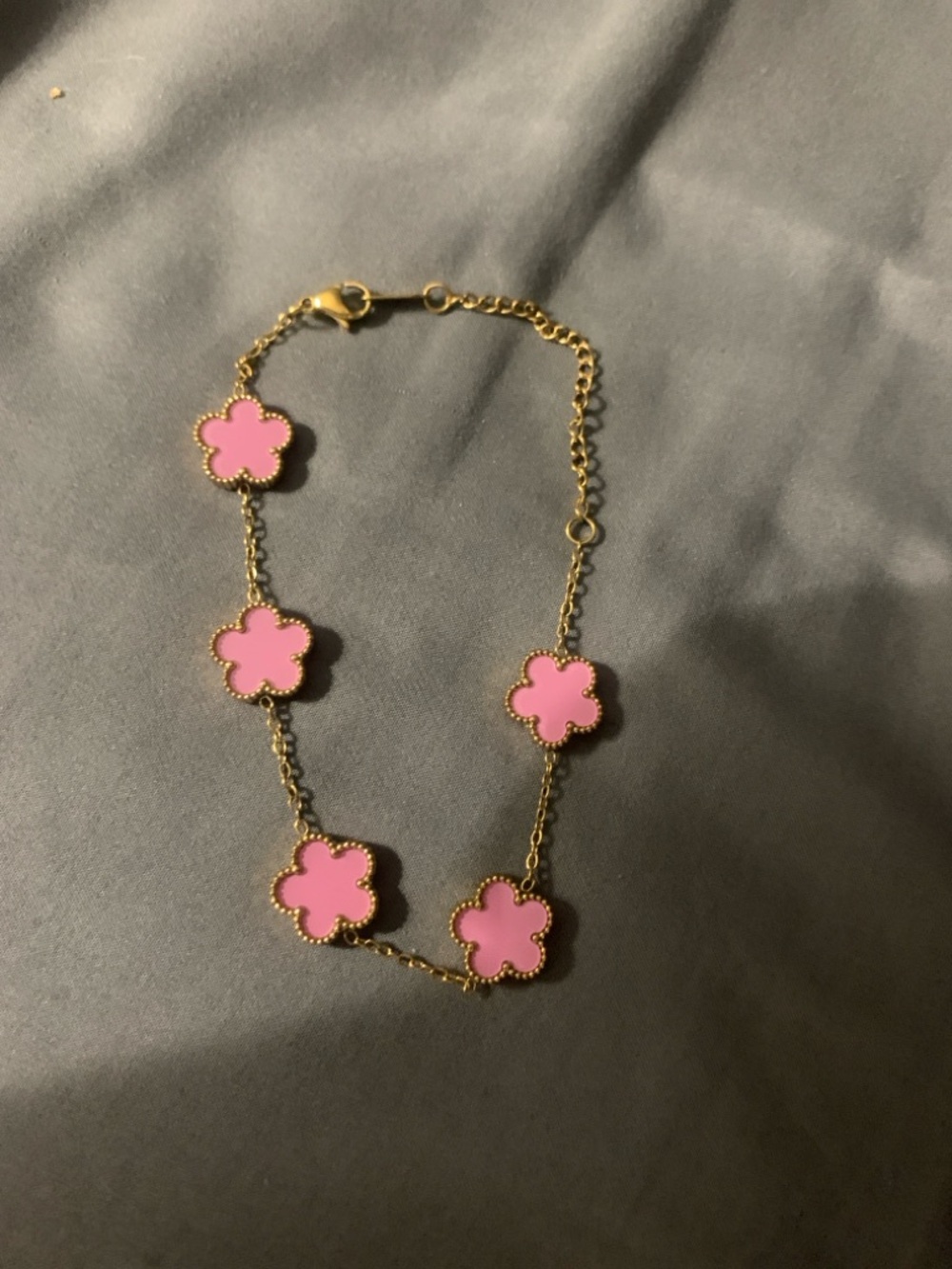 Gold Bracelet with Pink Clover Charms